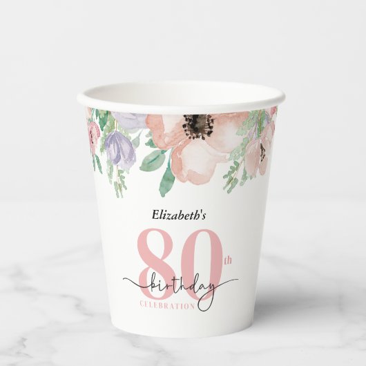 Elegant Pastel Floral 80th Birthday Party Papieren Bekers (Voorkant)