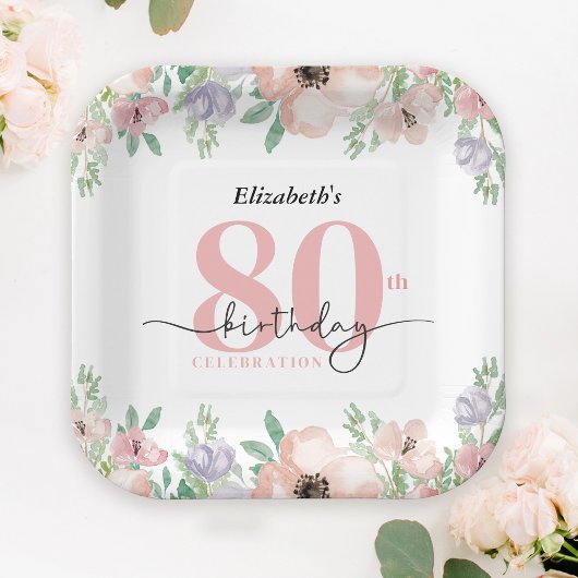 Elegant Pastel Floral 80th Birthday Party Papieren Bordje