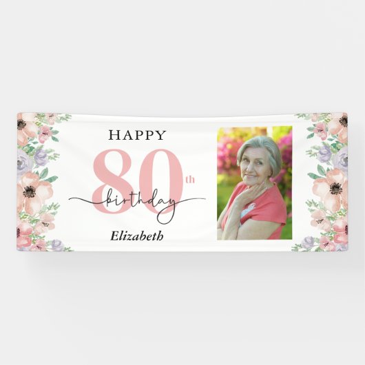 Elegant Pastel Floral 80th Birthday Party Photo Spandoek (Horizontaal)