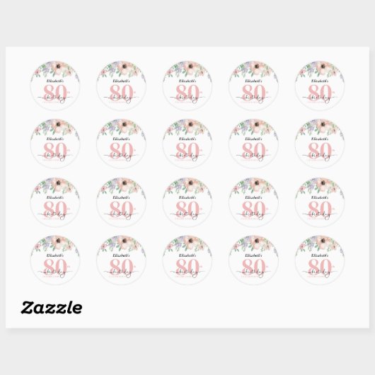 Elegant Pastel Floral 80th Birthday Party Ronde Sticker (Vel)