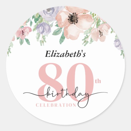 Elegant Pastel Floral 80th Birthday Party Ronde Sticker (Voorkant)
