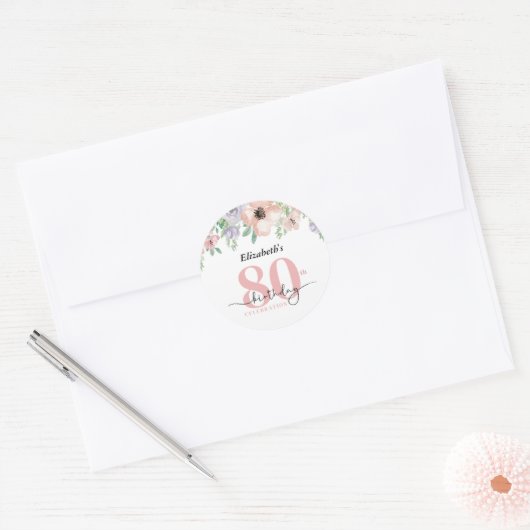 Elegant Pastel Floral 80th Birthday Party Ronde Sticker (Envelop)