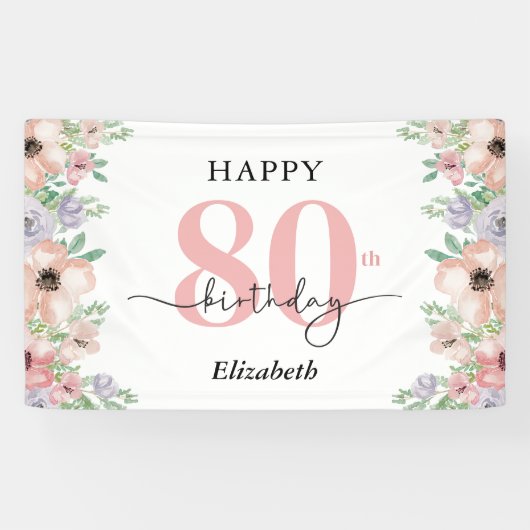 Elegant Pastel Floral 80th Birthday Party Spandoek (Horizontaal)