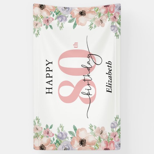 Elegant Pastel Floral 80th Birthday Party Spandoek (Verticaal)