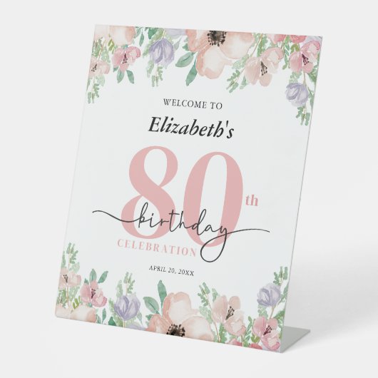 Elegant Pastel Floral 80th Birthday Party Welcome Reclamebord Met Voetstuk (Voorkant)