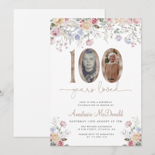 Elegant Pastel Floral Photo 100th Birthday Kaart (Voorkant / Achterkant)