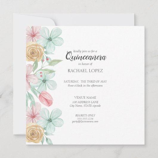 Elegant Pastel Florals | Goud Lijst Quinceanera Kaart (Voorkant)