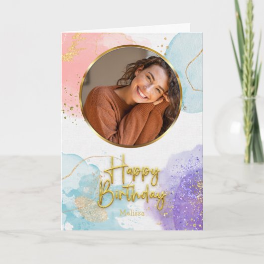 Elegant Pastel Gold Script Circle Photo Birthday Kaart (Voorkant)