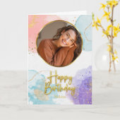 Elegant Pastel Gold Script Circle Photo Birthday Kaart (Gele Bloem)