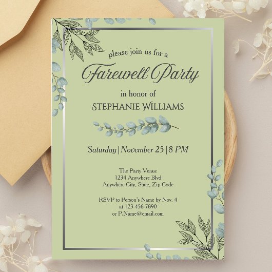 Elegant Pastel Green Flower Farewell Party Kaart