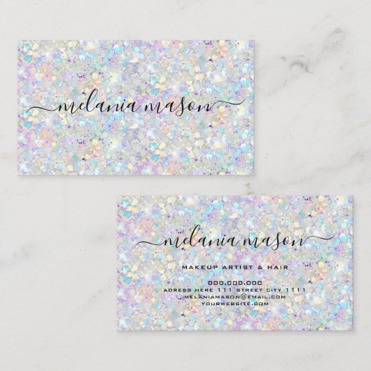 Elegant pastel holographic Glitter Makeup Artist Visitekaartje (Voorkant / Achterkant)