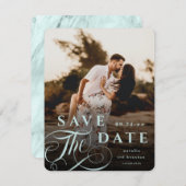 Elegant Pastel Mint Typografie & Marble Back Foto Save The Date (Voorkant / Achterkant)