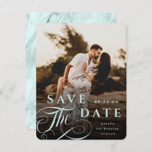 Elegant Pastel Mint Typografie & Marble Back Foto Save The Date (Voorkant / Achterkant)