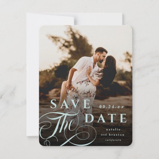Elegant Pastel Mint Typografie & Marble Back Foto Save The Date (Voorkant)