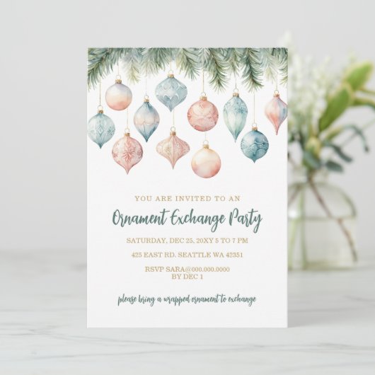 Elegant Pastel Ornament Exchange Christmas Party Kaart (Staand voorkant)