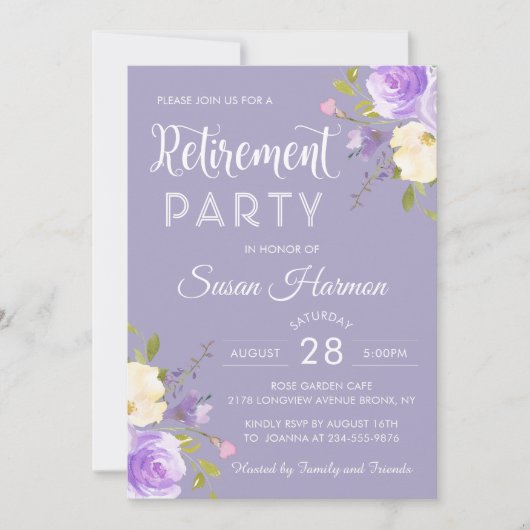 Elegant Pastel Paars Floral Retirement Party Kaart (Voorkant)
