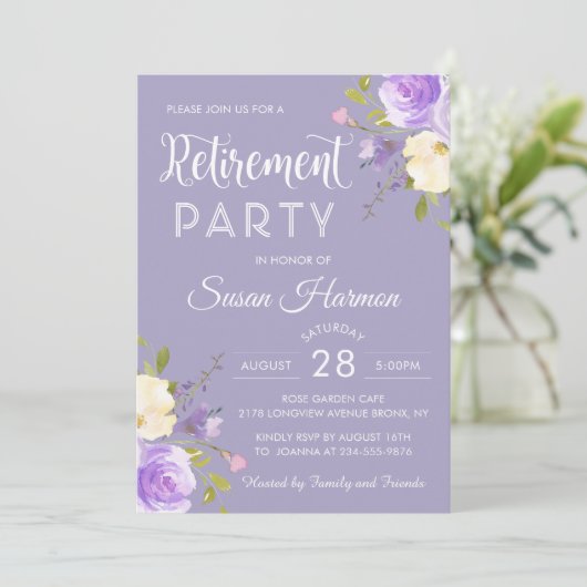 Elegant Pastel Paars Floral Retirement Party Kaart (Staand voorkant)