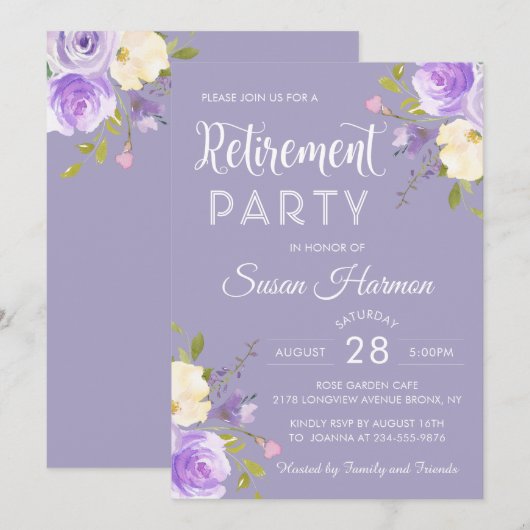 Elegant Pastel Paars Floral Retirement Party Kaart (Voorkant / Achterkant)