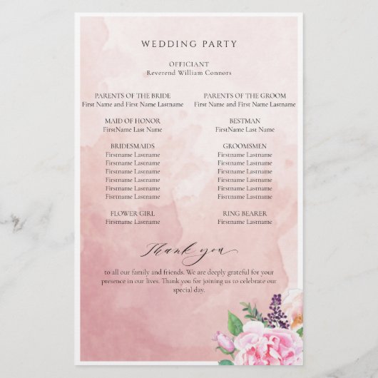 Elegant Pastel Paars Floral Wedding Programme (Achterkant)