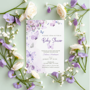 Elegant pastel Paarse bloemen vlinder Baby shower Kaart