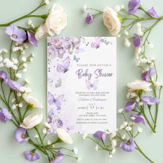 Elegant pastel Paarse bloemen vlinder Baby shower Kaart