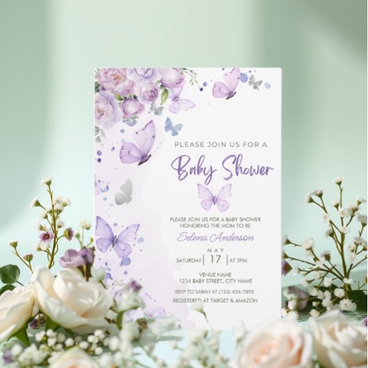 Elegant pastel Paarse bloemen vlinder Baby shower Kaart