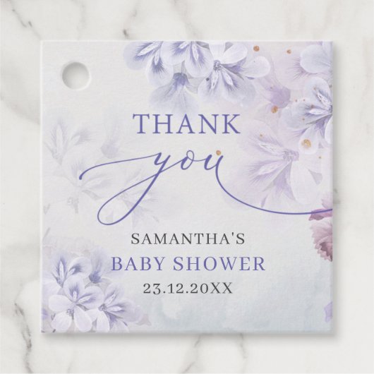Elegant pastel paarse bronbloemen baby shower bedankjes labels (Voorkant)