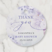 Elegant pastel paarse bronbloemen baby shower bedankjes labels (Achterkant)