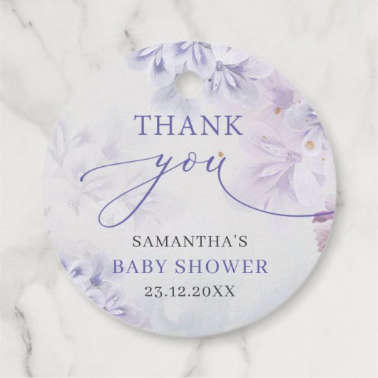 Elegant pastel paarse bronbloemen baby shower bedankjes labels (Achterkant)