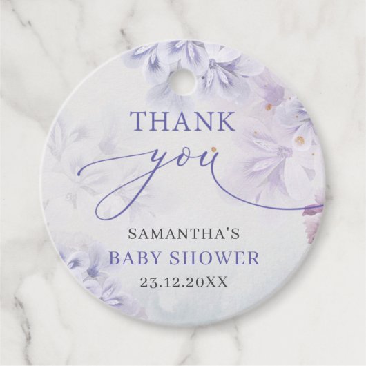 Elegant pastel paarse bronbloemen baby shower bedankjes labels (Voorkant)