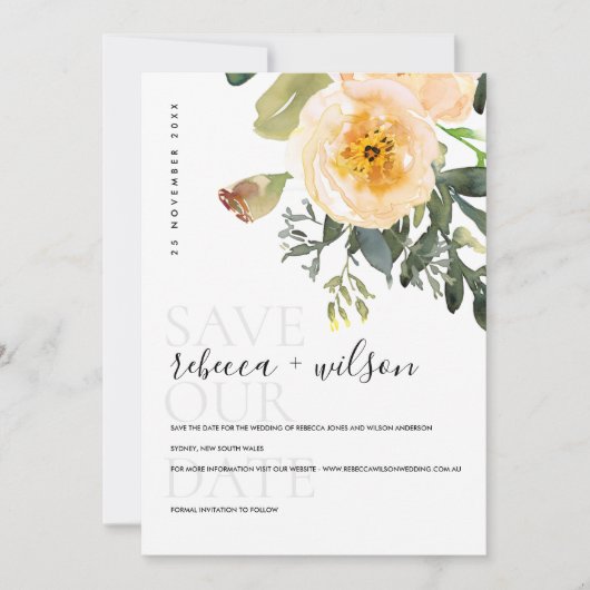 ELEGANT PASTEL PEACH PEONY WATERVERF FLORAL SAVE THE DATE (Voorkant)