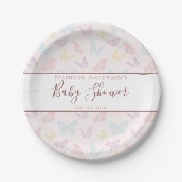 Elegant Pastel Pink Butterfly Pattern Baby shower Papieren Bordje