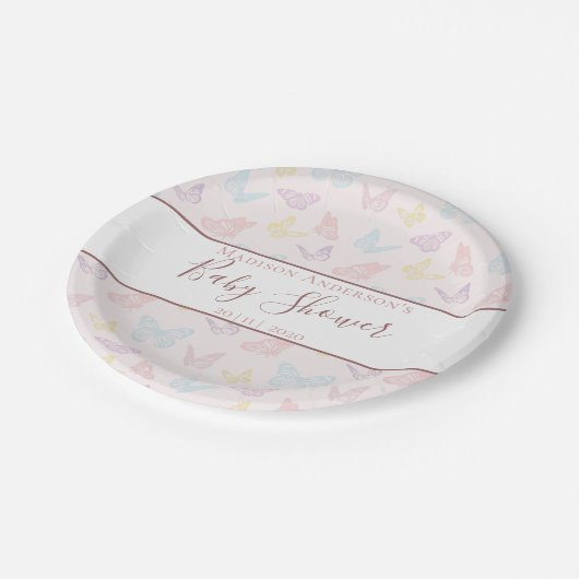 Elegant Pastel Pink Butterfly Pattern Baby shower Papieren Bordje (Gekanteld)