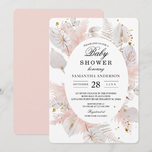 Elegant Pastel Pink Floral Lijst & Gold Druppels Kaart (Voorkant / Achterkant)