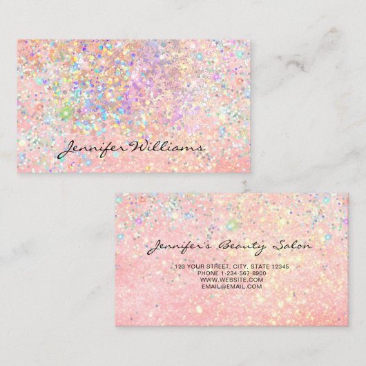 Elegant Pastel Pink Gold Holographic Glitter Visitekaartje (Voorkant / Achterkant)