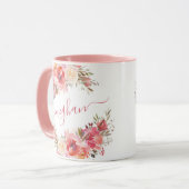 Elegant Pastel Pink Peach Roos Floral Monogram Mu Mok (Voorkant links)