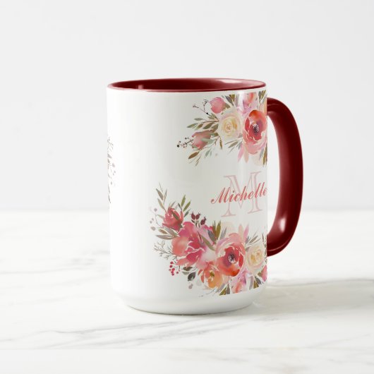 Elegant Pastel Pink Peach Roos Florence Monogram Mok (Voorkant rechts)