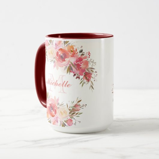 Elegant Pastel Pink Peach Roos Florence Monogram Mok (Voorkant links)