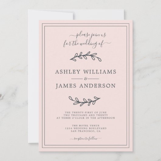 Elegant Pastel Pink Wedding-uitnodiging Kaart (Voorkant)