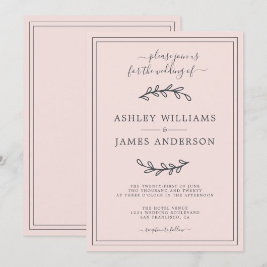 Elegant Pastel Pink Wedding-uitnodiging Kaart (Voorkant / Achterkant)