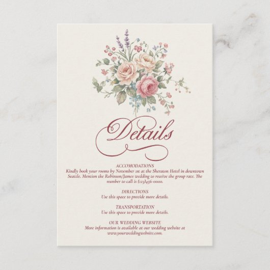Elegant Pastel Roses Shabby Chic Wedding Informatiekaartje (Voorkant)