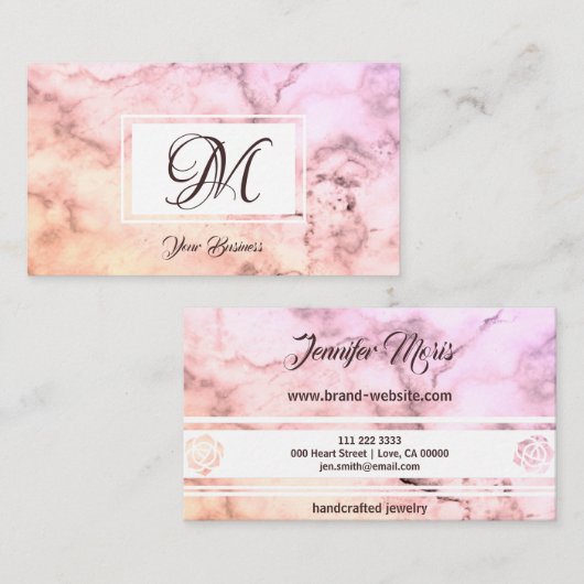 Elegant pastel roze beige marmer Stylish Monogram Visitekaartje (Voorkant / Achterkant)