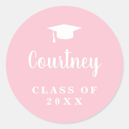 Elegant Pastel Roze Script Name Gradup Cap Ronde Sticker (Voorkant)