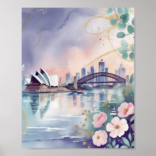 Elegant pastel Sydney Skyline Waterverf Print (Voorkant)