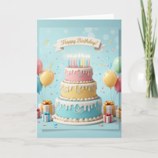 Elegant Pastel Tier Cake – Happy Birthday Card Kaart (Voorkant)