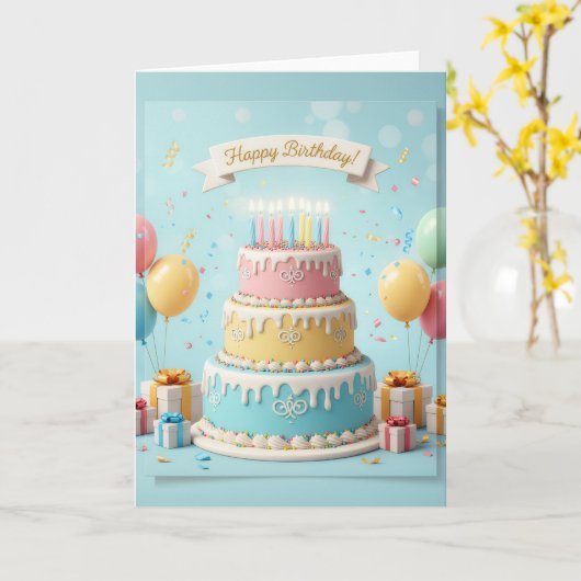 Elegant Pastel Tier Cake – Happy Birthday Card Kaart (Gele Bloem)
