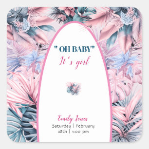 Elegant pastel tropisch roze blauw oh baby shower vierkante sticker