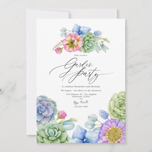 Elegant Pastel Vetplanten Tuinfeest Kaart (Voorkant)