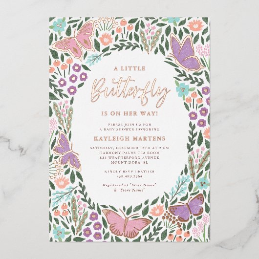 Elegant pastel vlinder tuin Baby shower Folie Uitnodiging (Voorkant)