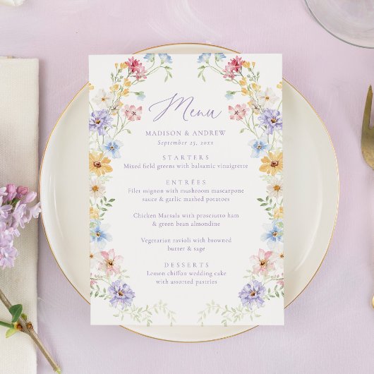 Elegant Pastel Wildflower Garden Wedding Menu